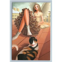 PRETTY GIRL and CAT with BOOK on Roof Muse in City Fantasy Russian New Postcard