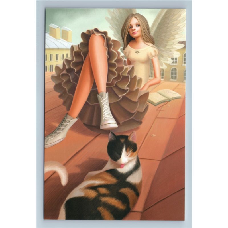 PRETTY GIRL and CAT with BOOK on Roof Muse in City Fantasy Russian New Postcard