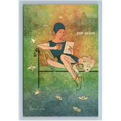 PRETTY WOMAN LADY read Letter with CAT Cup PAR AVION Russian New Postcard