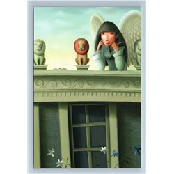 PRETTY GIRL on Roof INSPIRATION MUSE in City Graphic Art Russian New Postcard