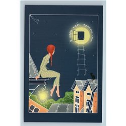 YOUNG GIRL on Roof I give you Moon Dreams Graphic Art Russian New Postcard