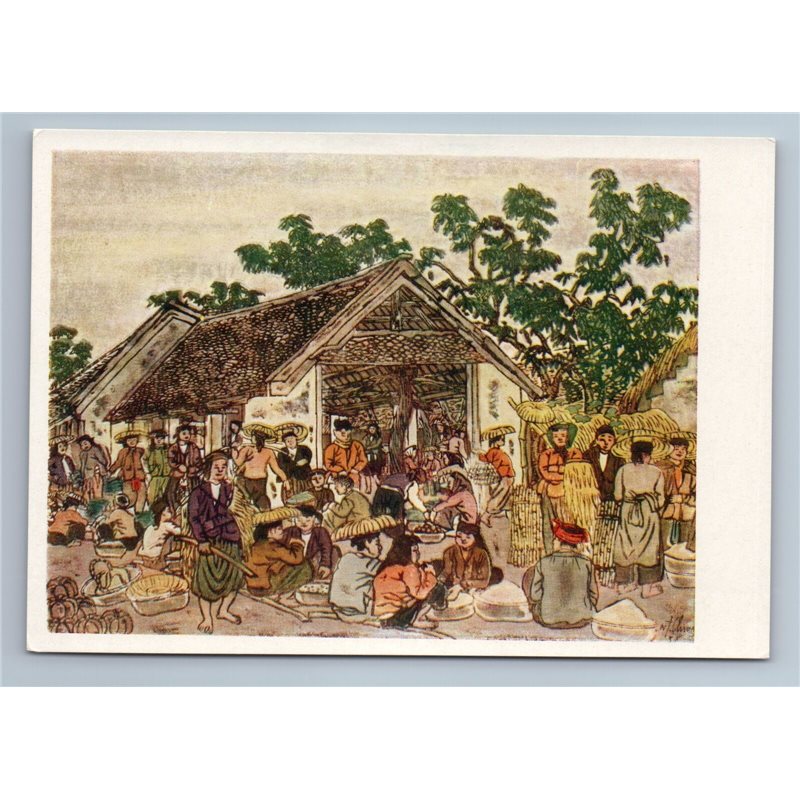 1960 RURAL BAZAAR Fair VIETNAM Vullage Peasant ART Soviet USSR Postcard