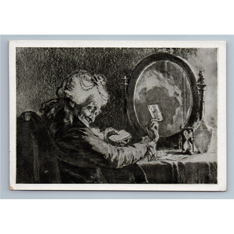 1961 ELDERLY WOMAN and playing cards Mirror PUSHKIN Soviet USSR Postcard