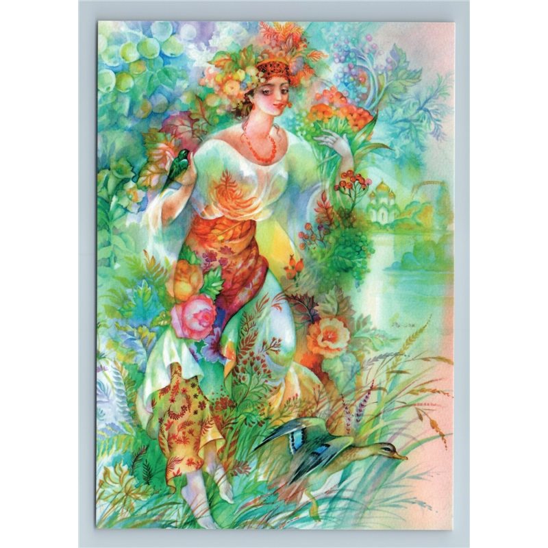 WOMAN NATURE Russian Beauty Forest Mother Birds Russian Folk New Postcard