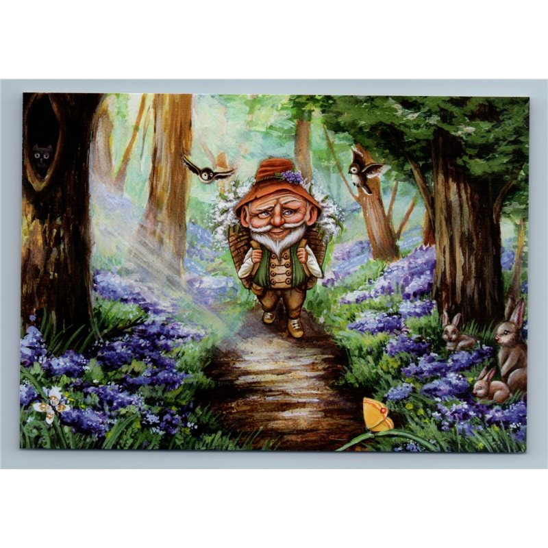 ELDER MAN Forest Forester Path to House Bird Bunny Rabbit Russian New Postcard