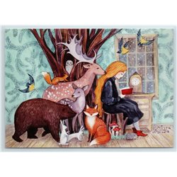 LITTLE GIRL read BOOK Tale Forest Animal Fox Bear Deer Birds New Postcard