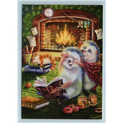 HEDGEHOG COUPLE Book n Red CAT near Fireplace Love Fantasy Russian New Postcard