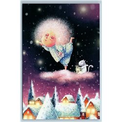 LITTLE GIRL with CAT on Cloud snowing City ANGEL Fantasy Art  New Postcard