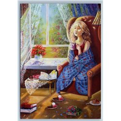 PRETTY WOMAN LADY with Tea Cup BOOK near Window Russian New Postcard