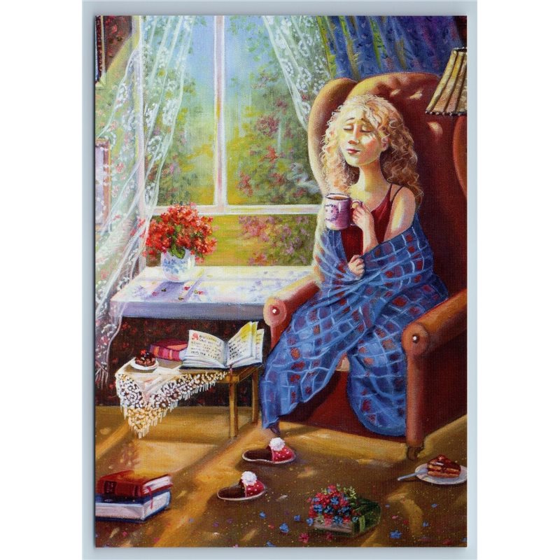 PRETTY WOMAN LADY with Tea Cup BOOK near Window Russian New Postcard