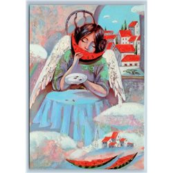 PRETTY WOMAN LADY eat Watermelon Angel Fantasy Cold Summer Russian New Postcard