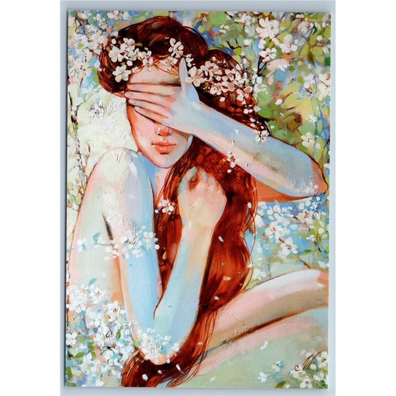 GINGER WOMAN LADY with Long Hair in Bloom Garden Nude Russian New Postcard