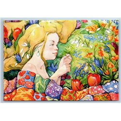 PRETTY GIRL in Bloom Garden Awakening of Spring Flowers Russian New Postcard