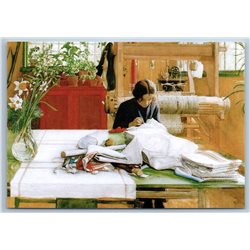 WOMAN cuts out the fabric in a sewing factory SEW ART Russian New Postcard