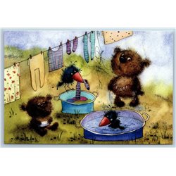 TEDDY BEAR BROWN and Raven wash clothes FUNNY Animal Russian New Postcard