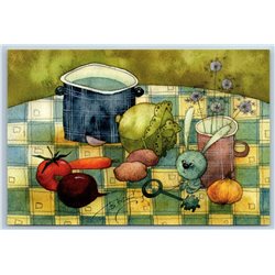 LITTLE RABBIT BUNNY with Key on Kitchen Table Vegetables Russian New Postcard