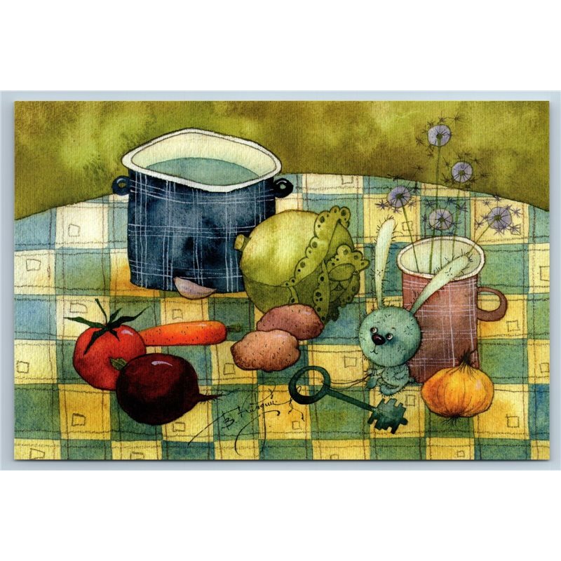 LITTLE RABBIT BUNNY with Key on Kitchen Table Vegetables Russian New Postcard