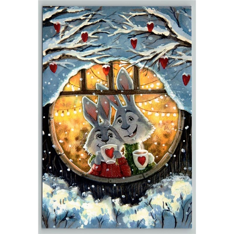 BUNNY RABBIT HARE Love is Around Winter Snow Love Xmas New Unposted Postcard