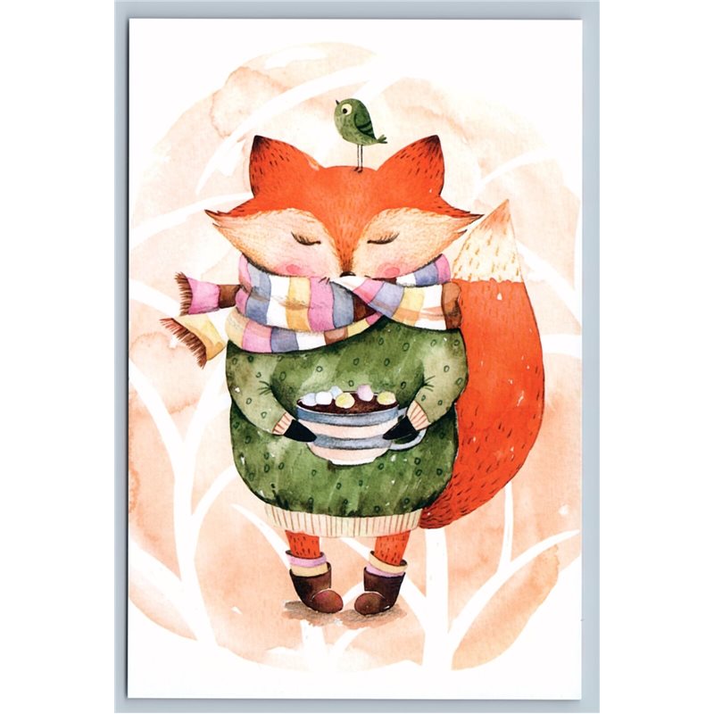 FUNNY RED FOX with COFFEE CUP Marshmallows Bird Mug New Unposted Postcard