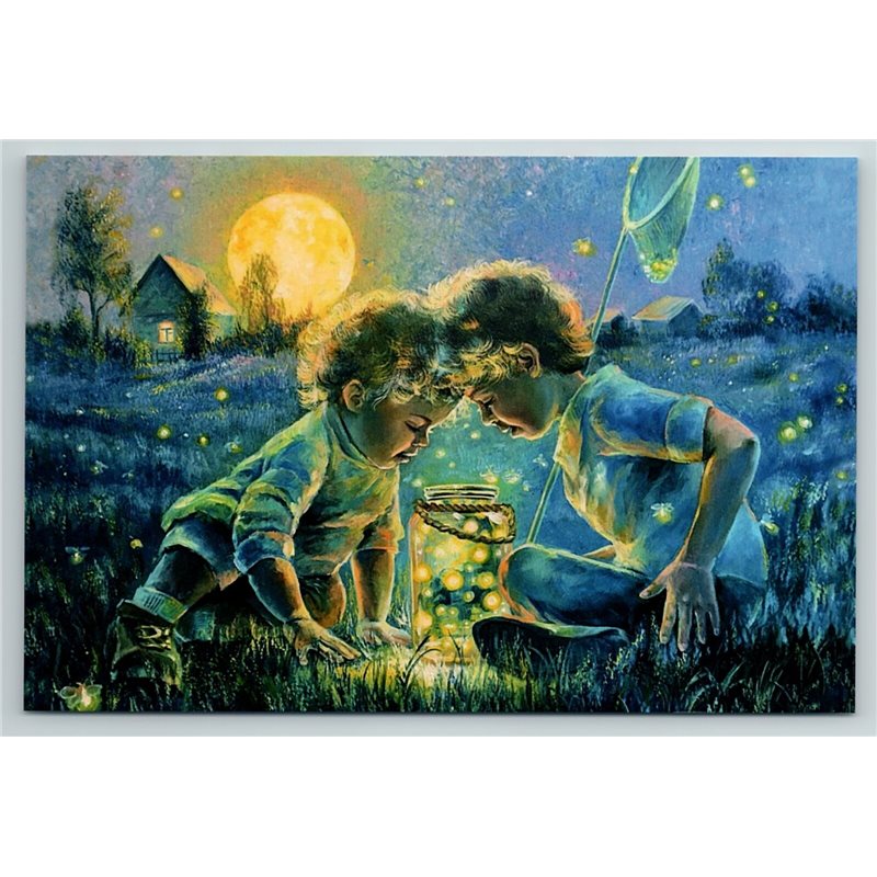 LITTLE BOYS fireflies catchers Moon Peasant Village Night Russian New Postcard