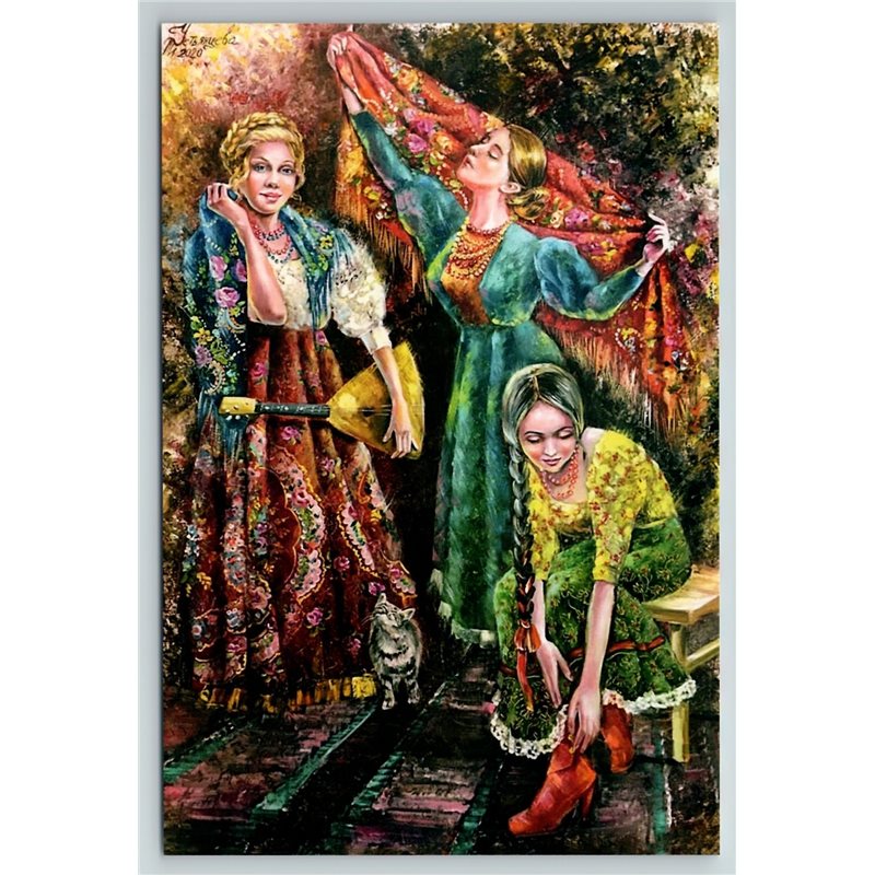 RUSSIAN WOMEN in Ethnic Costume Dress Shawls PEAHENS Long Hair Cat New Postcard