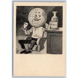 1956 GLOBE drink for trust Caricature Humor by Verdini Soviet USSR Postcard