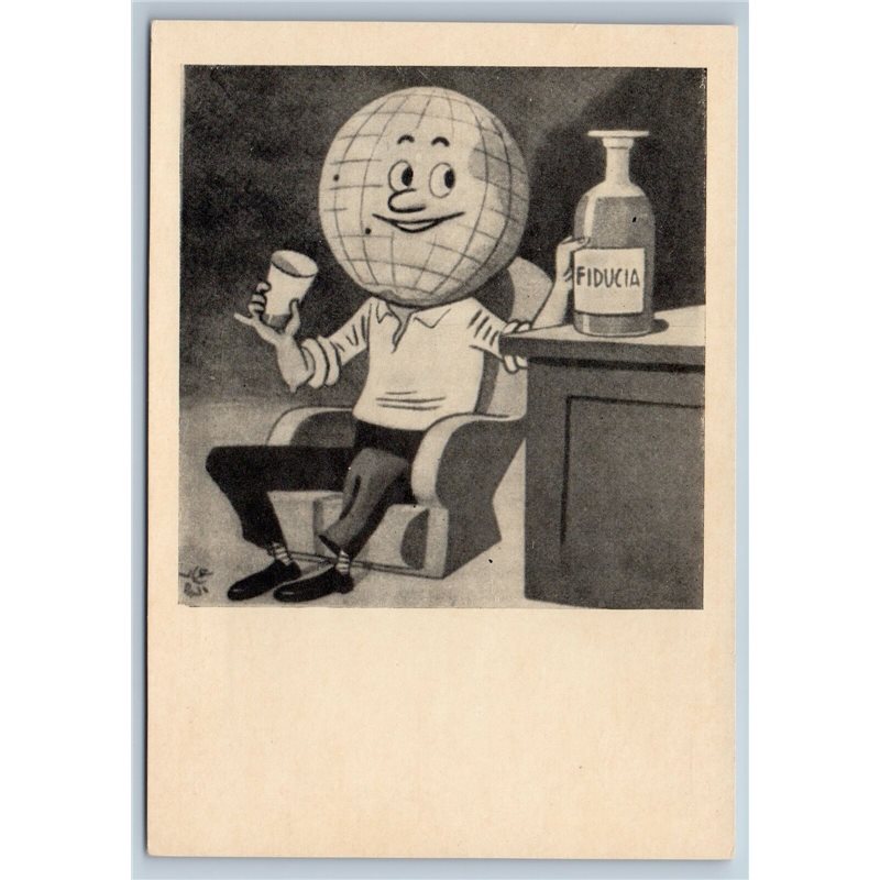 1956 GLOBE drink for trust Caricature Humor by Verdini Soviet USSR Postcard