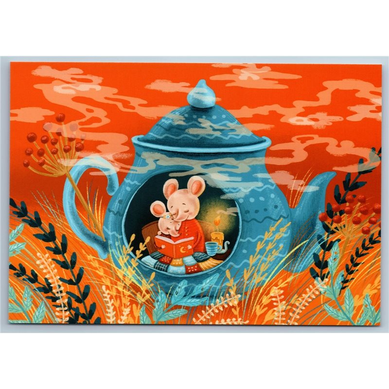 FUNNY MOUSE Mice read BOOK in Tea Kettle House Unusual by Kilina New Postcard