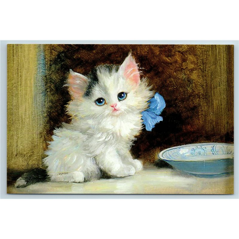 CAT Kitten with a Blue Bow by Meta Pluckebaum Art Russian Modern postcard