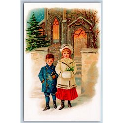 LITTLE GIRL n BOY Christmas Eve Vintage Style Snow Winter New Unposted Postcard