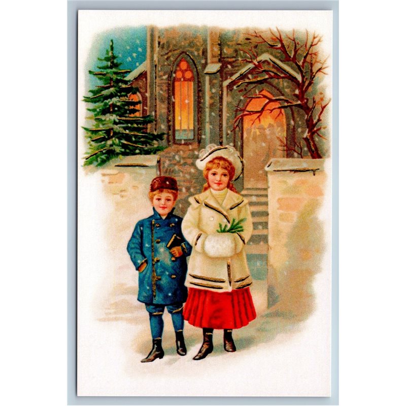 LITTLE GIRL n BOY Christmas Eve Vintage Style Snow Winter New Unposted Postcard