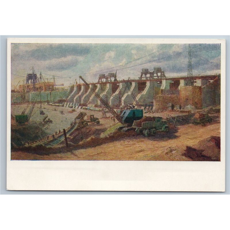 1956 Construction Gorky Hydroelectric Station Industrial Soviet USSR Postcard