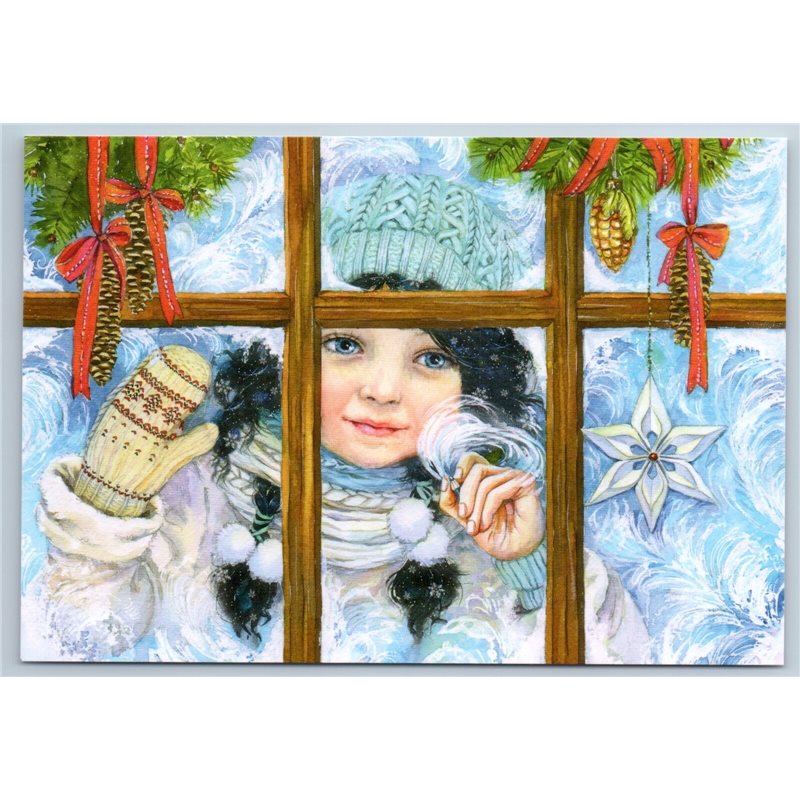 PRETTY LITTLE GIRL Windows Snow Patterns Frosty Christmas Russian New Postcard