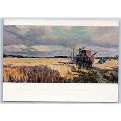 1959 COMBINE HARVESTER in FIELD Kolkhoz Harvest Socialist Realism USSR Postcard