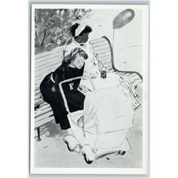 1958 WOMEN on park bench Baby Carriage Black Americana Soviet USSR Postcard