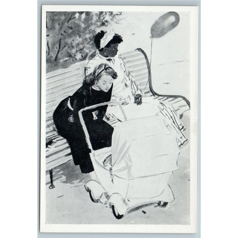 1958 WOMEN on park bench Baby Carriage Black Americana Soviet USSR Postcard