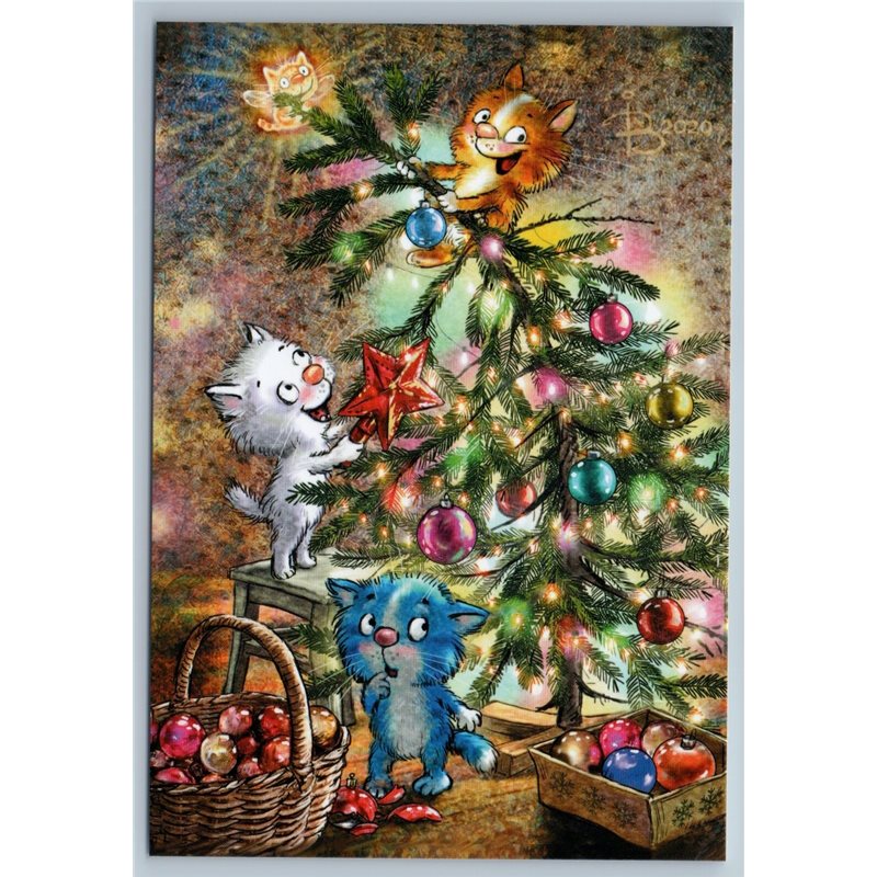 3 FUNNY CATS Kittens decorate CHRISTMAS TREE Ball Xmas Russian Unposted Postcard