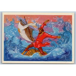 1969 MAN in storming sea Russian Ethnic Song PALEKH ART Soviet USSR Postcard