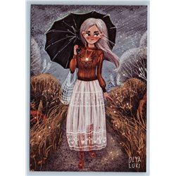 PRETTY GIRL w/ Umbrella Rain Day Walk Unusual Art by Luki New Unposted Postcard