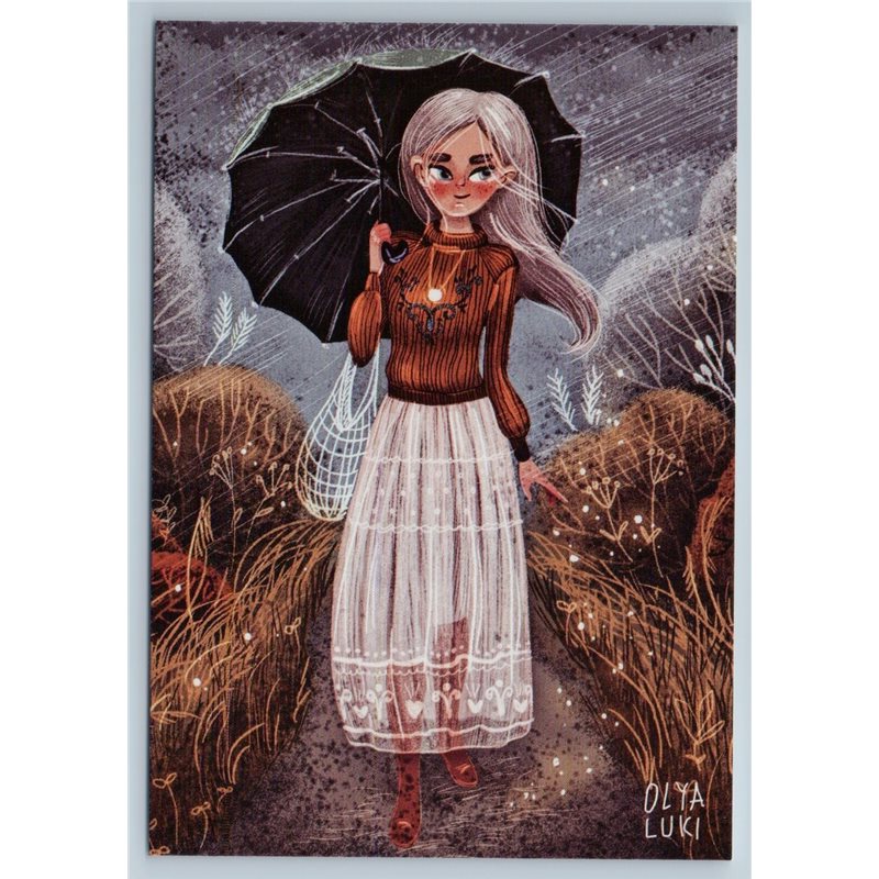 PRETTY GIRL w/ Umbrella Rain Day Walk Unusual Art by Luki New Unposted Postcard