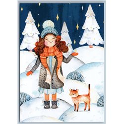 LITTLE GIRL n Ginger CAT in Snow Winter Forest Graphic Art New Unposted Postcard