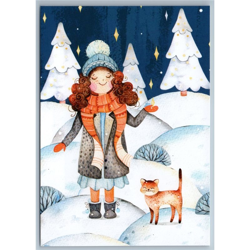 LITTLE GIRL n Ginger CAT in Snow Winter Forest Graphic Art New Unposted Postcard