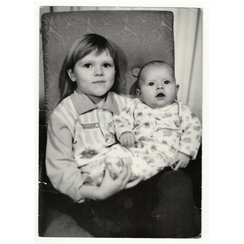 1980s Brother and sister Pretty girl Baby Fashion Soviet Original Vintage Photo