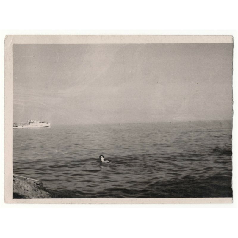 1950s Man is swimming in the sea Boat Sheep USSR Soviet Original Photo