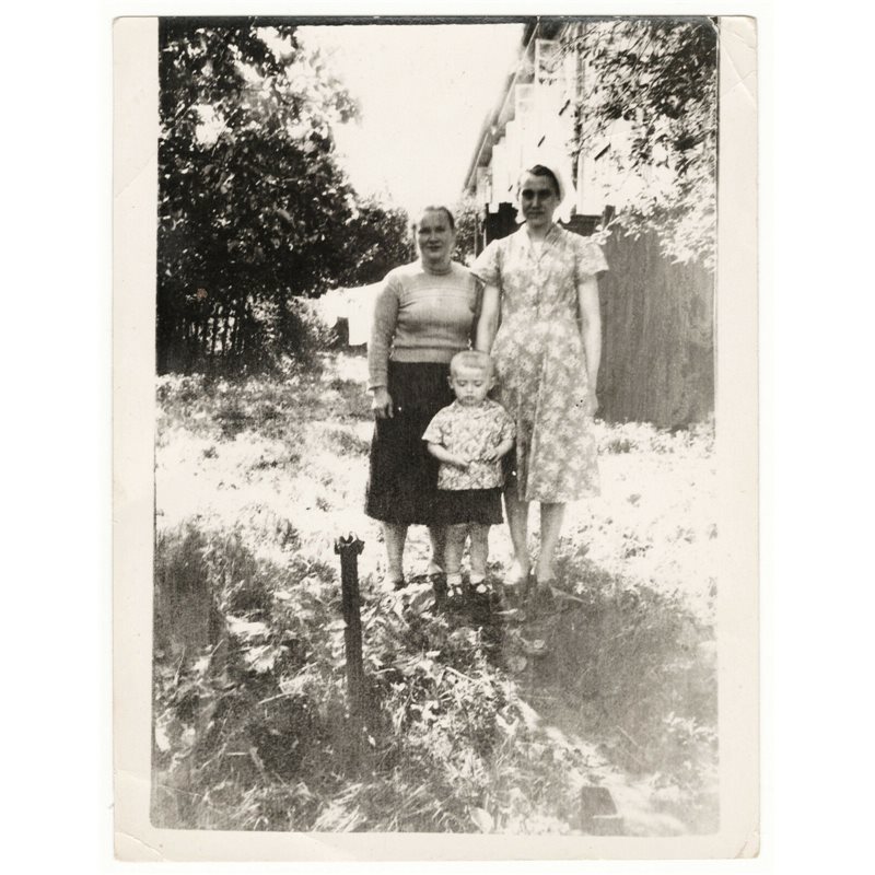 1970s Soviet rural life. Women and boy. Fashion Russian Vintage Photo