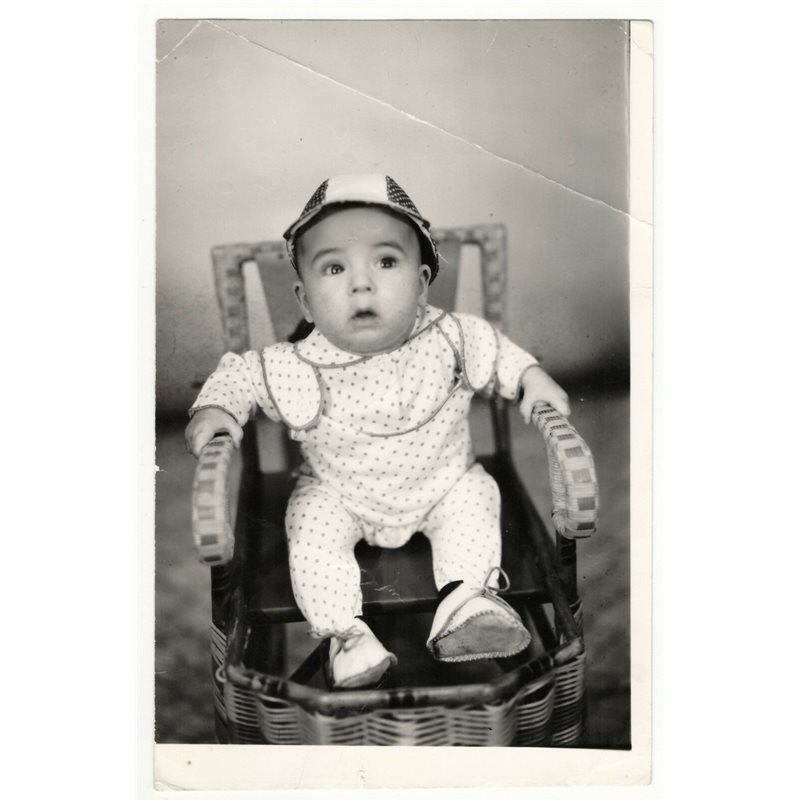 1970s Little KID boy? in wicker chair Fashion Soviet Original Vintage Photo