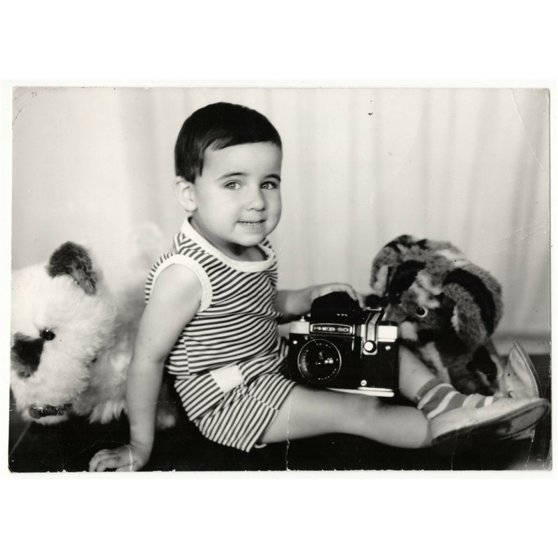 1980s Funny Kid Girl with old camera & toy Fashion Soviet Original Vintage Photo