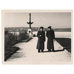 1950s Two Soviet officers in uniforms Park Sea USSR Soviet Original Photo