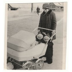 1970s TWINS girl baby carriage Mom Woman Fashion USSR Soviet Original Photo