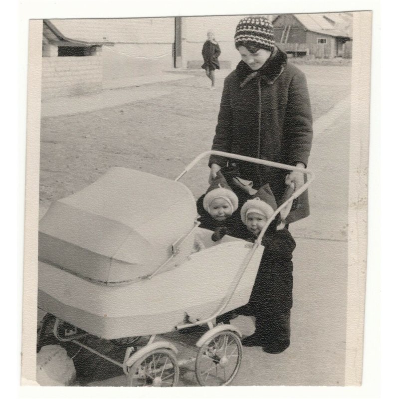 1970s TWINS girl baby carriage Mom Woman Fashion USSR Soviet Original Photo